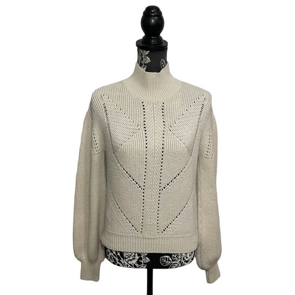French Connection Mock Neck Openwork Knit Balloon Sleeve Sweater Cream - Size XS - Picture 1 of 7